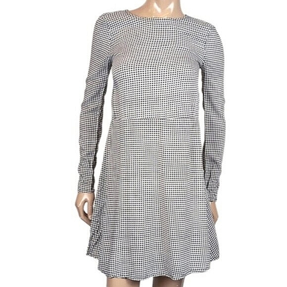 H&M Checkered Dress Long Sleeves Gingham Plaid Keyhole Crew Neck Swing 2